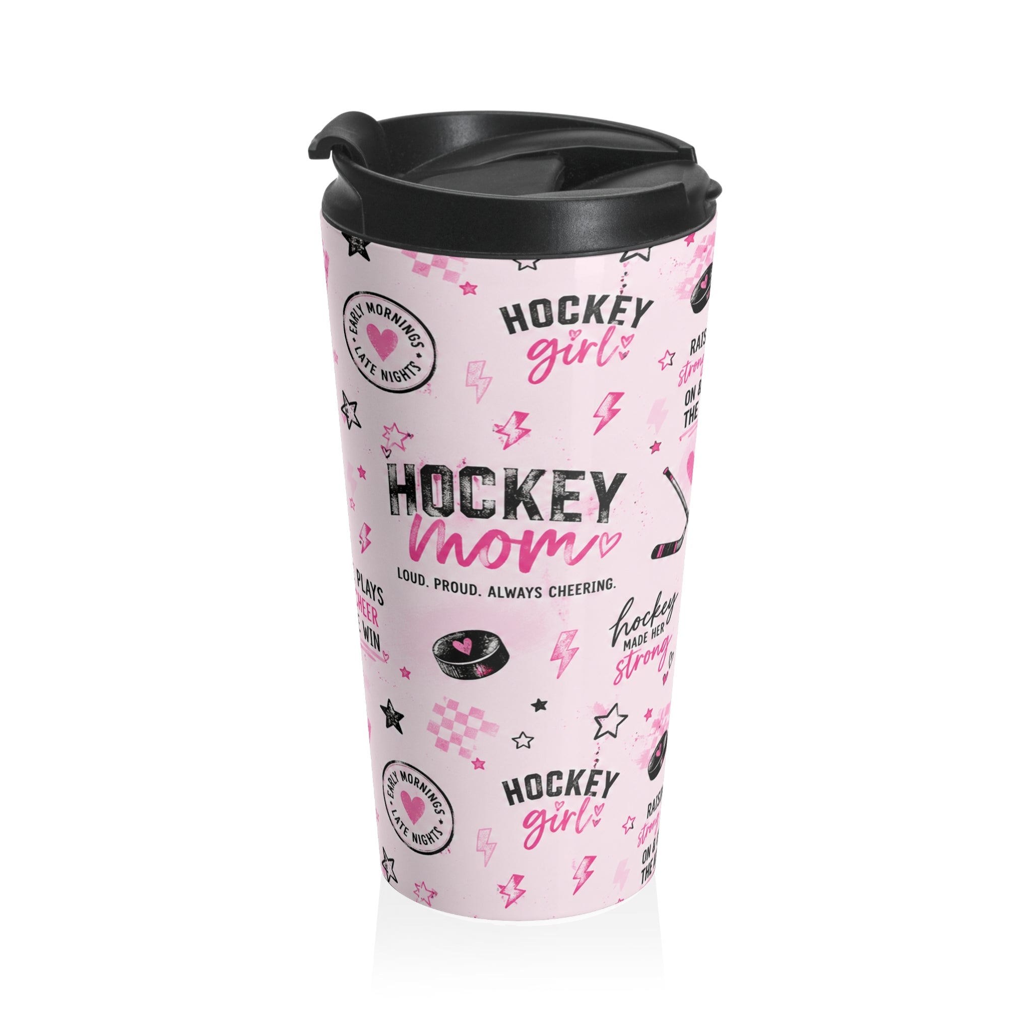 Hockey Mom Stainless Steel Travel Mug — Pink Graphic Thermal Tumbler