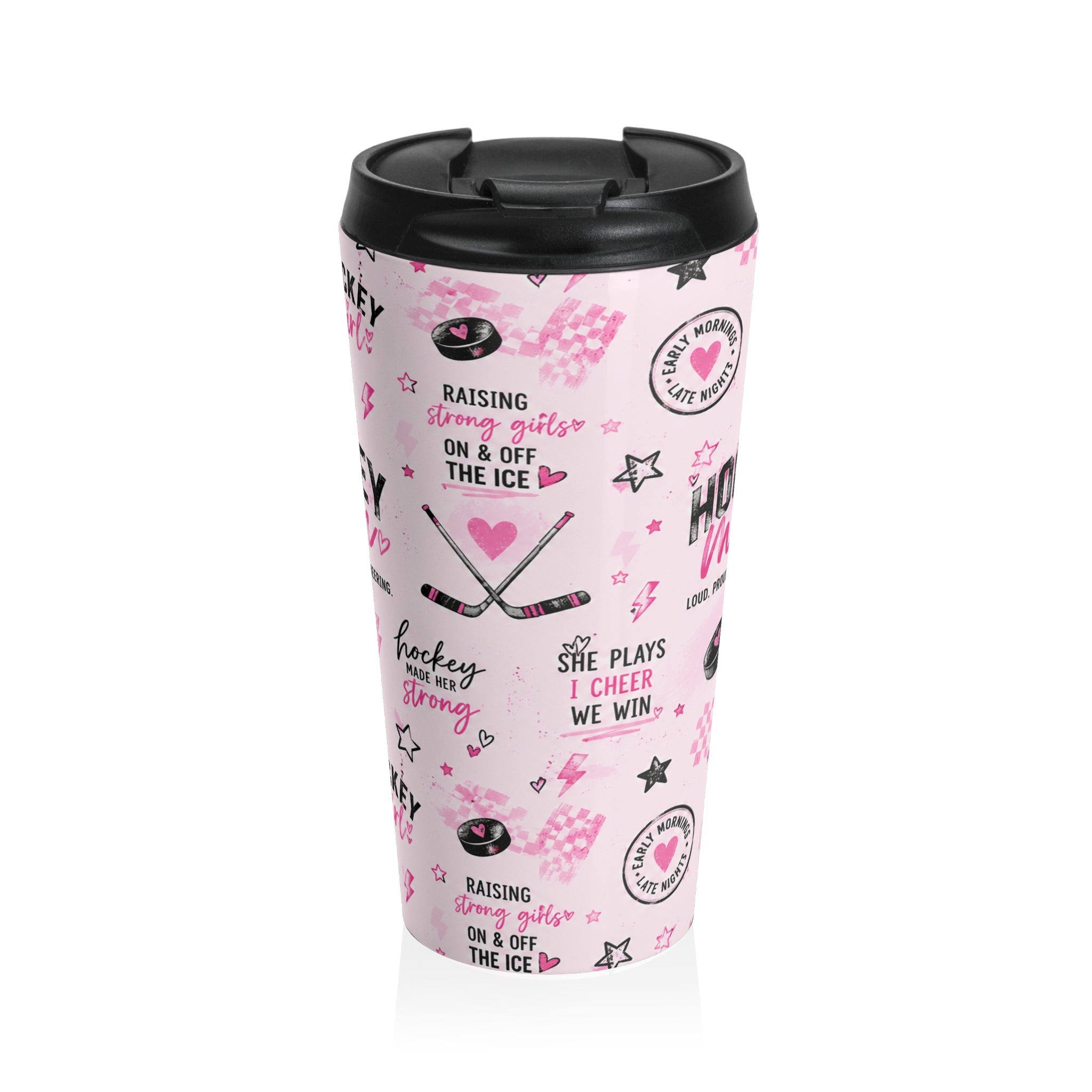 Hockey Mom Stainless Steel Travel Mug — Pink Graphic Thermal Tumbler