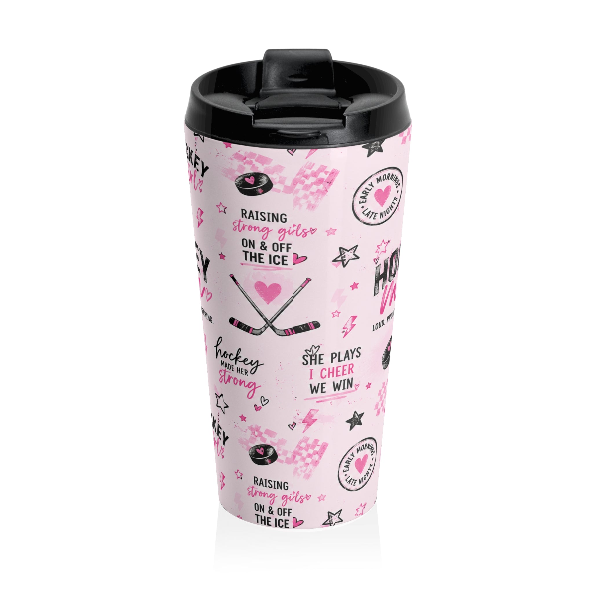 Hockey Mom Stainless Steel Travel Mug — Pink Graphic Thermal Tumbler