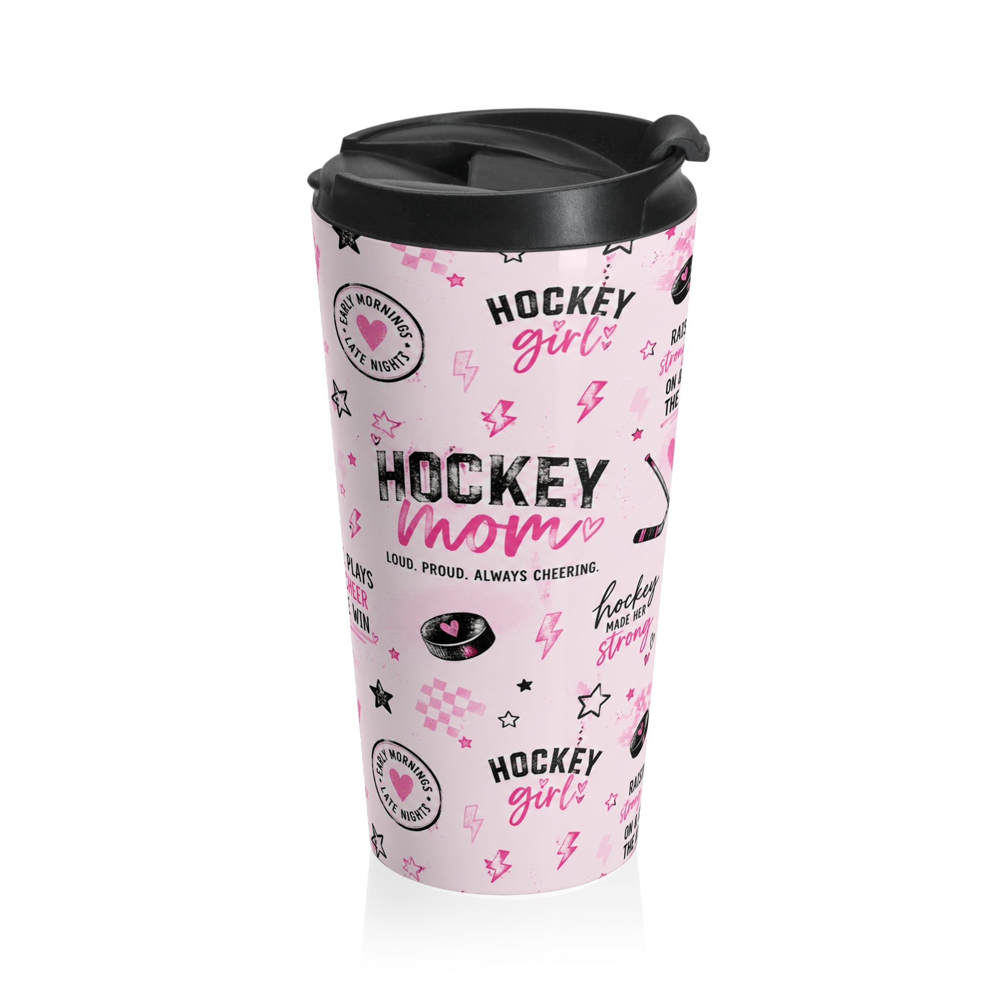 Hockey Mom Stainless Steel Travel Mug — Pink Graphic Thermal Tumbler