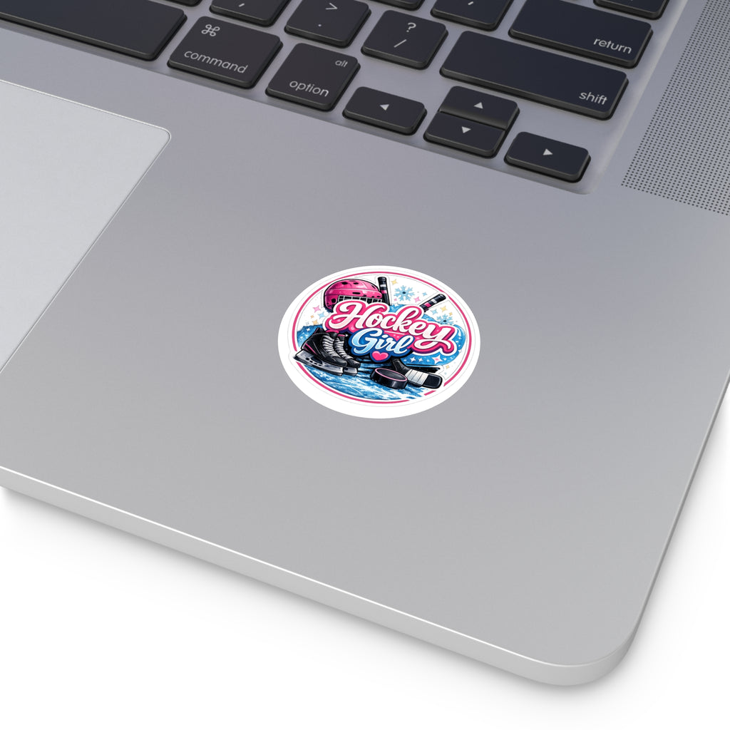 Hockey Girl Round Vinyl Sticker — Pink Helmet, Skates & Puck Design