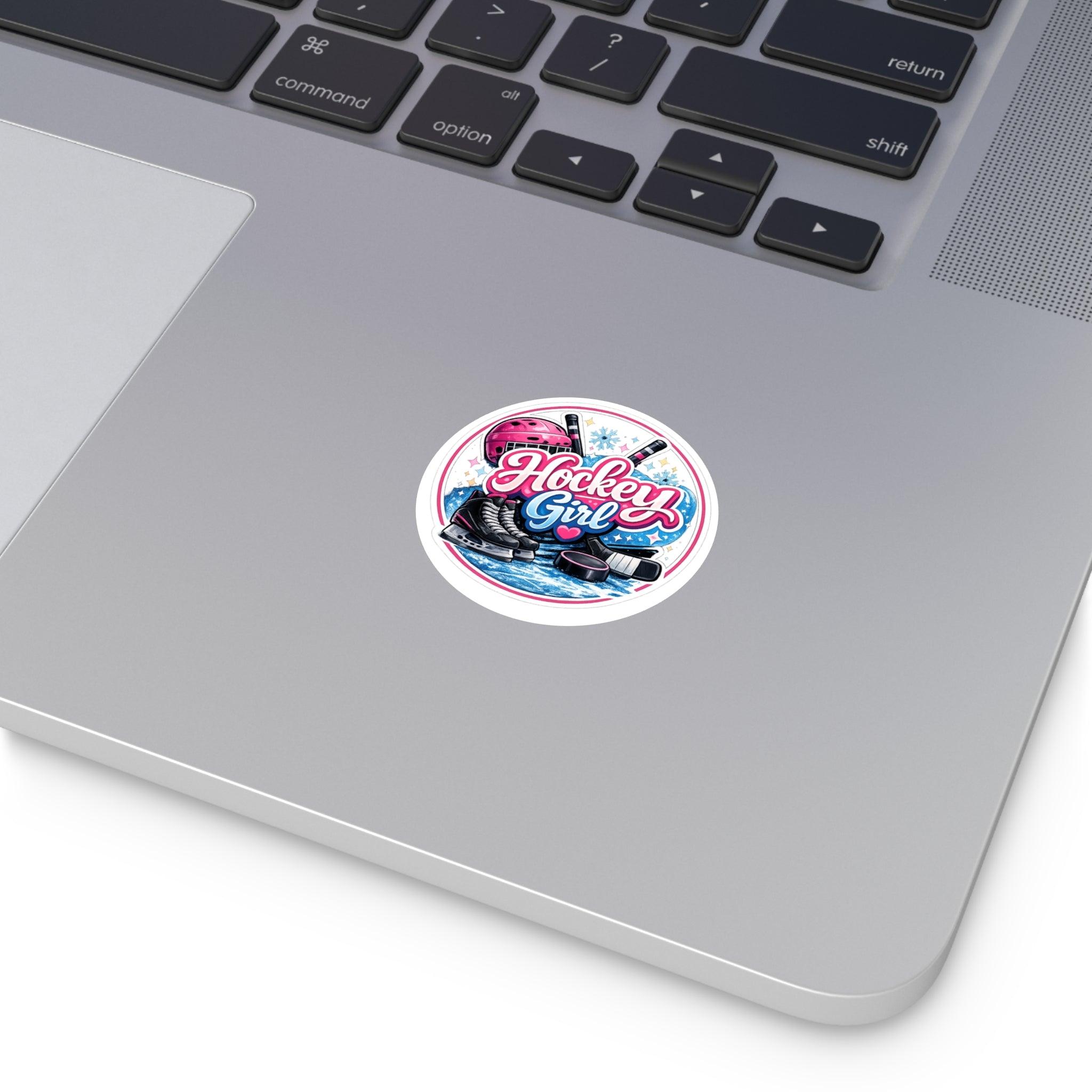 Hockey Girl Round Vinyl Sticker — Pink Helmet, Skates & Puck Design
