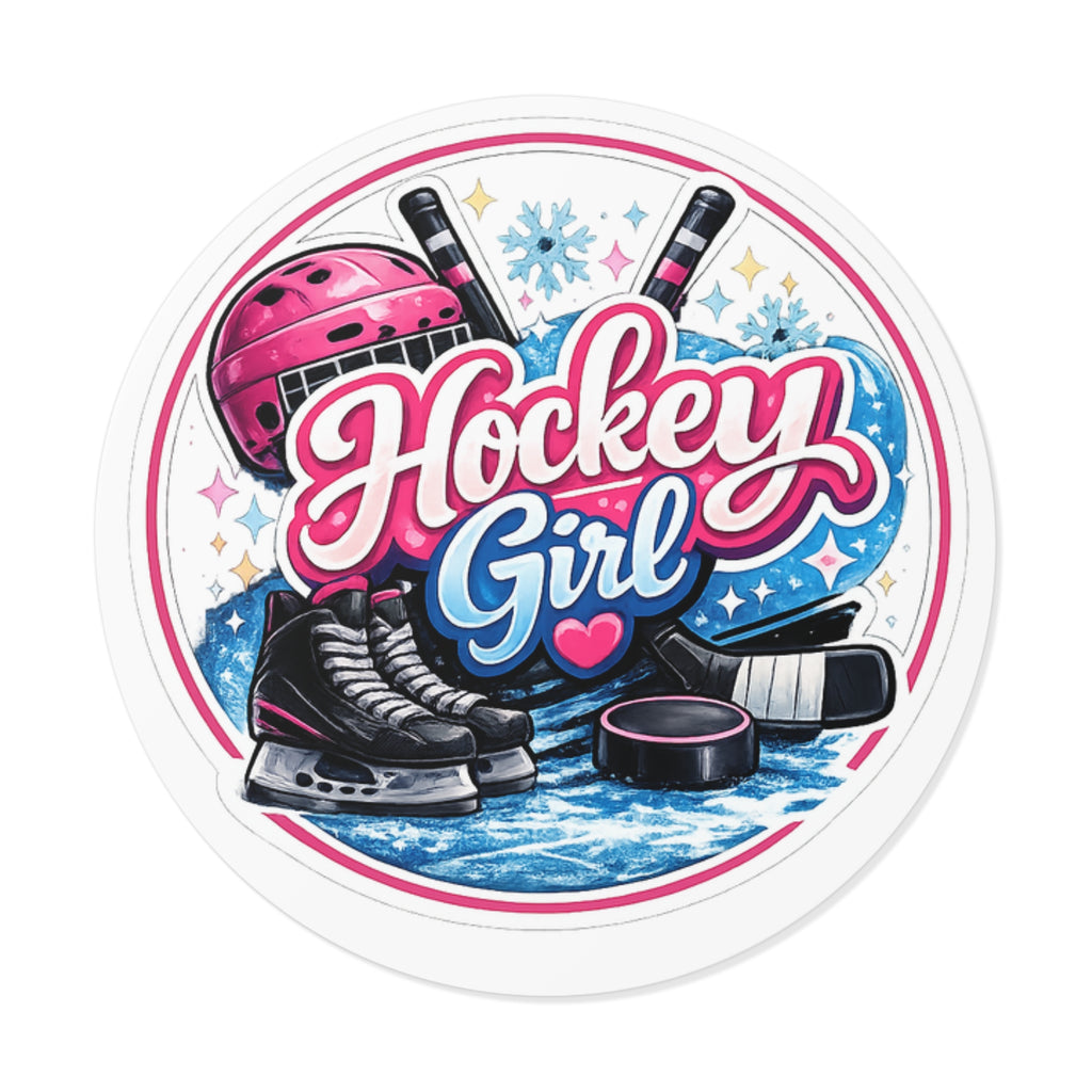 Hockey Girl Round Vinyl Sticker — Pink Helmet, Skates & Puck Design
