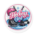 Hockey Girl Round Vinyl Sticker — Pink Helmet, Skates & Puck Design