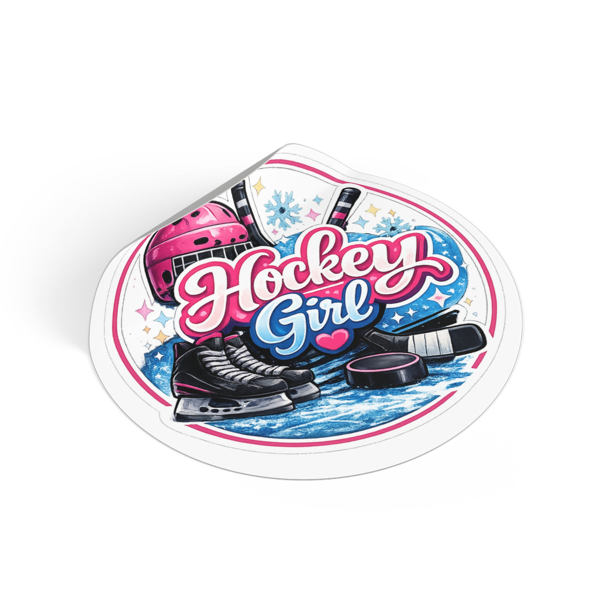 Hockey Girl Round Vinyl Sticker — Pink Helmet, Skates & Puck Design